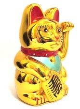 LARGE Feng Shui GOLD BECKONING CAT Wealth Lucky Waving Kitty Maneki Neko 6" Tall