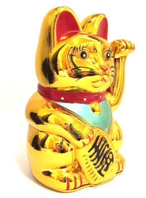 LARGE Feng Shui GOLD BECKONING CAT Wealth Lucky Waving Kitty Maneki Neko 6'' Tall