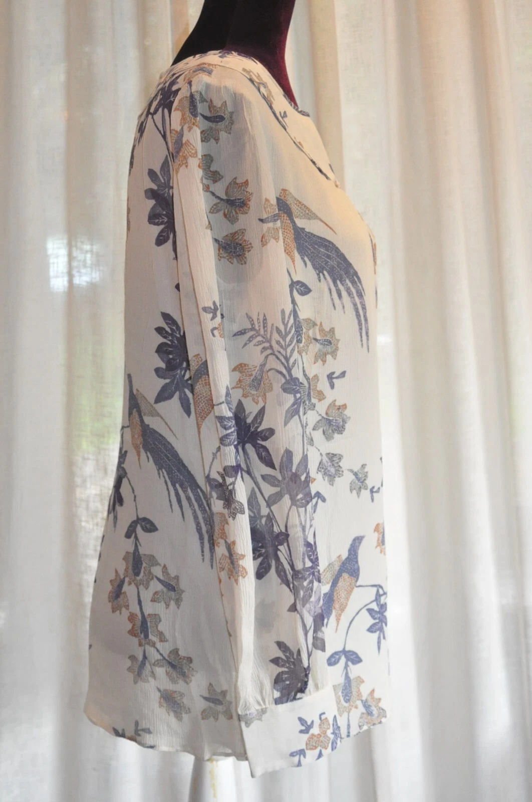 *Tory Burch* Top tunica in seta avorio con stampa floreale e uccellino US8 (UK 12)