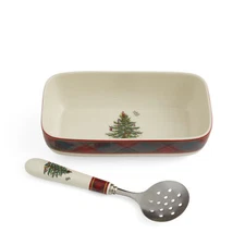 Spode Christmas Tree Tartan Plaid 8"x 4.25" Rectangular Server & Slotted Spoon