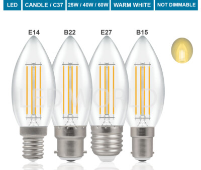 2W 25W 4W 40W Warm White LED Candle Filament Light E14 B22 E27 B15 ...