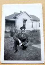 US Soldier WWII Era Kneeling Pose in Front of House Original Photo