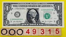 49315 Byron Center, Mi￼ Zip Code Leading 0s Fancy Serial Number One Dollar Bill