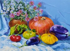 Original oil painting STILL LIFE  flowers in vase and vegetables, kitchen style