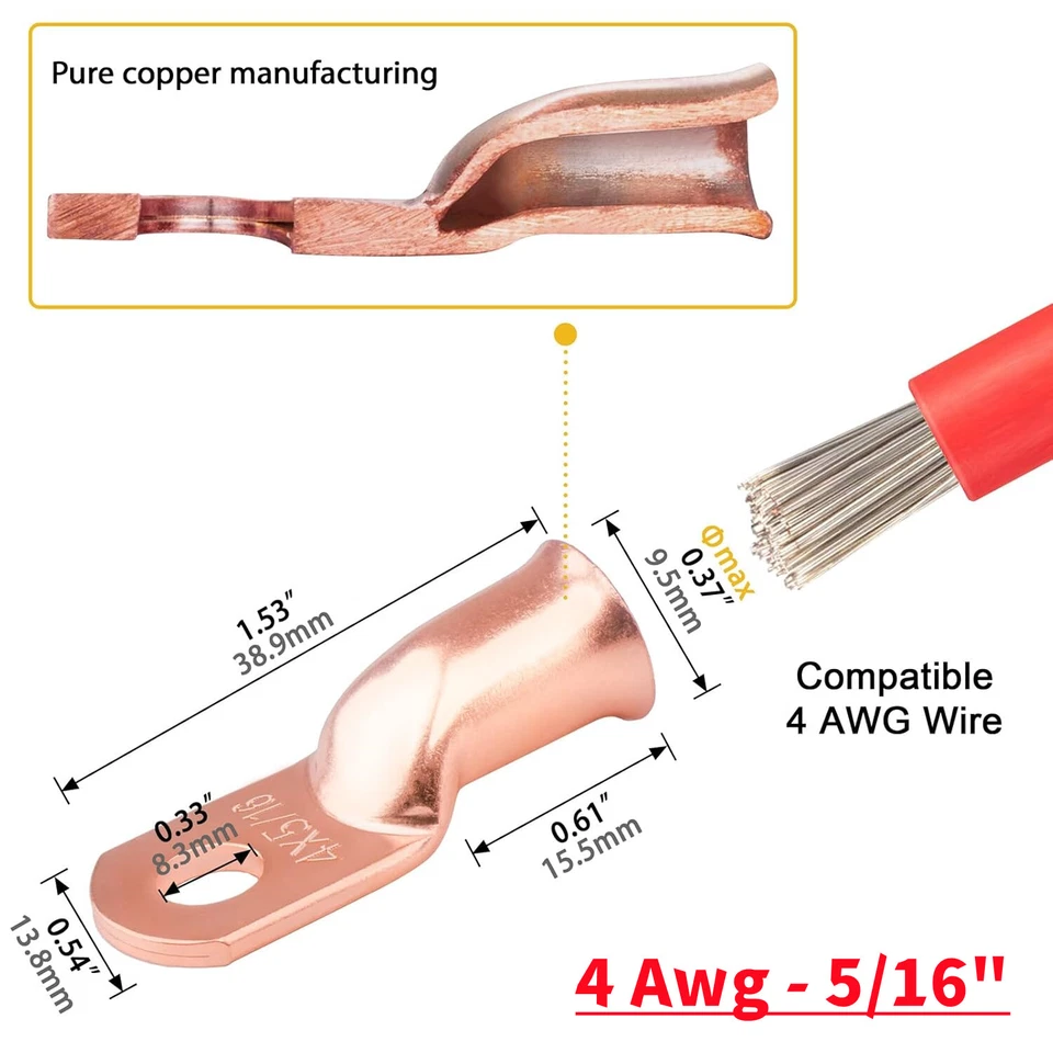 10/30Pcs Battery Lugs Copper Ring Terminal Cable Ends Wire Connectors 1/0 - 8AWG - Image 3 of 4