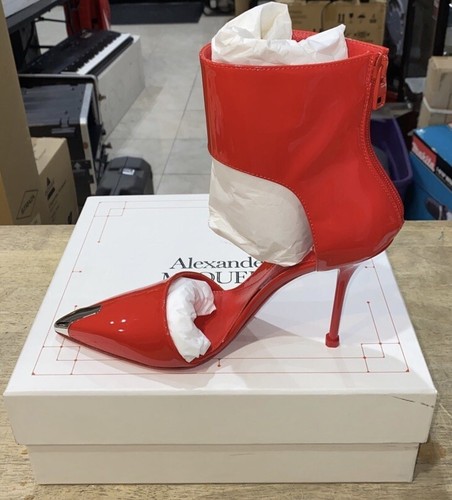 Alexander McQueen Harness Punk Pump Heels W/ Metallic Toe In Lust Red, Size 38.5 - Picture 8 of 12
