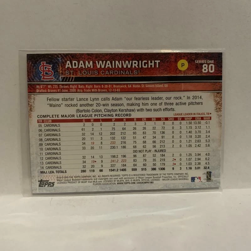 #80 Adam Wainwright St Louis Cardinals 2015 Topps Series 1 Baseball Card I1 - Image 2 of 2