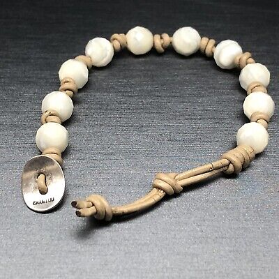 Chan Luu Freshwater Cultured Pearl Blue Stone Single Wrap Bracelet on Brown Leather 