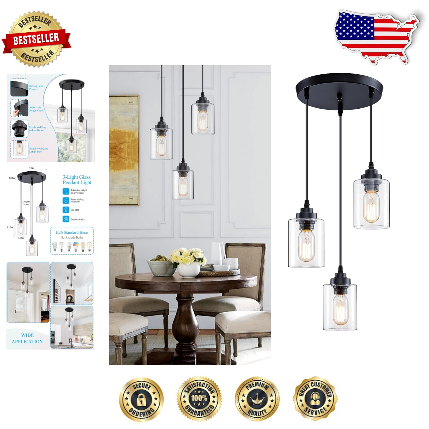 3-Light Industrial Pendant Lighting for Kitchen Island - Dimmable & Adjustable
