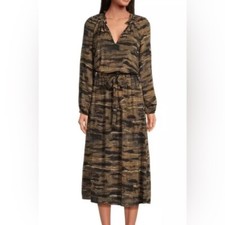 ANTHROPOLOGIE Long Midi Dress Sleeve V Neck Boho Brown Animal Print NEW