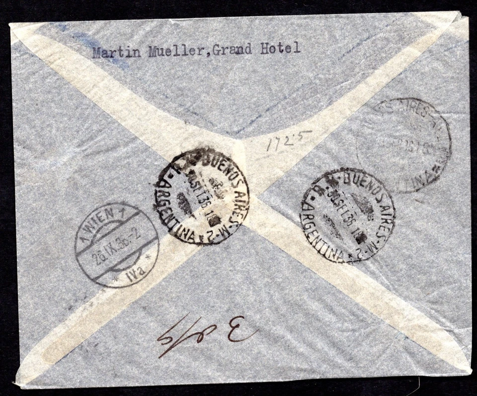 AUSTRIA 1936 ARGENTINA AIR MAIL COVER FRANKED SC. #C20, C42, C43, C45 - Image 2 of 2