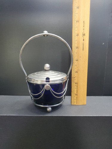 Marmellata di cobalto Art Decò vintage con caddy placcato argento - Foto 8 di 8