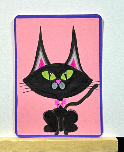 ACEO Original Cartoon Cat Drawing on Paper, Acrylic Paint, Art Card, 2.5 x 3.5