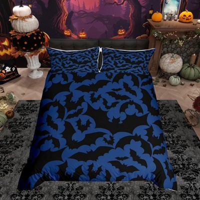 Halloween Themed Bedding Set Queen Size,Black Bats Animal Print Duvet Cover S...