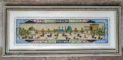 PERSIAN PAINTING ON BONE SET IN INLAY KHATAM FRAMED ART 4 5/8'' x 10 7/8''