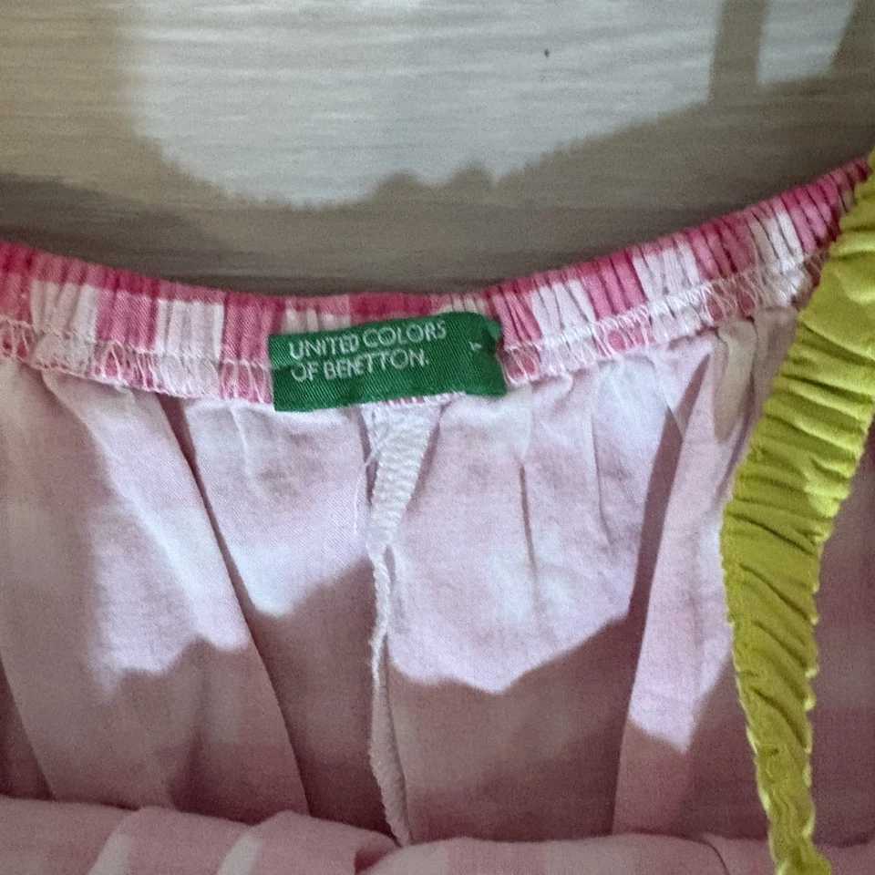 Benetton Little Girls Dress Gingham Ruffle Dress Off Shoulder Red Green Sz 11-12 - Image 3 of 4