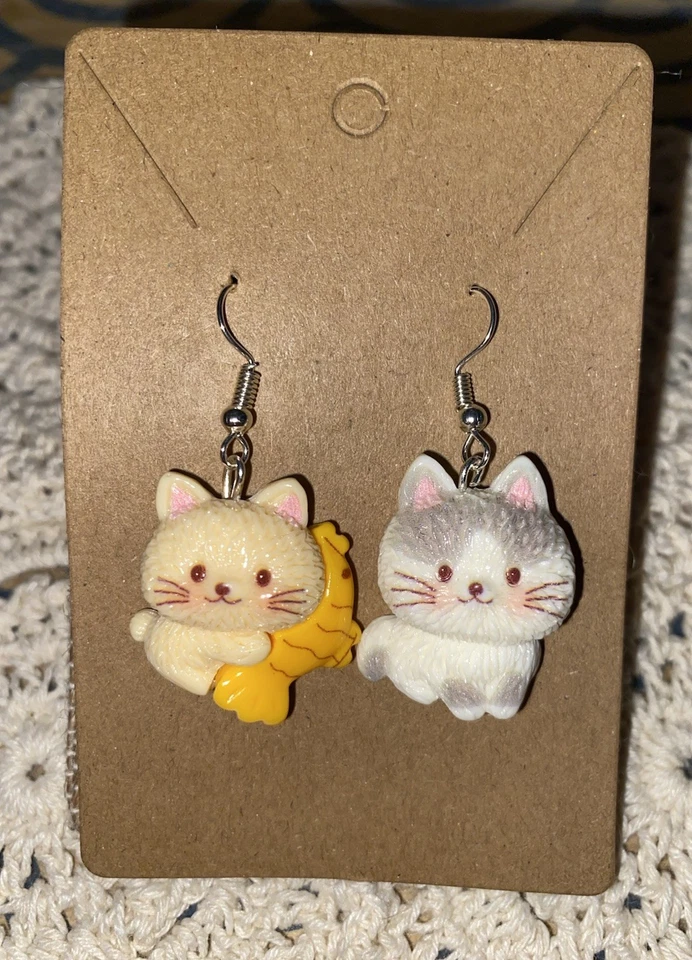Cute Mismatched Cat Earrings Hand Assembled Kitten Dangle Jewelry - Image 1 of 1