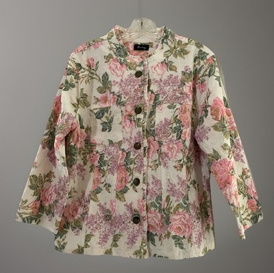 Analogy Women's Size Large Pink Rose Floral Blazer Jacket Cottagecore Summer