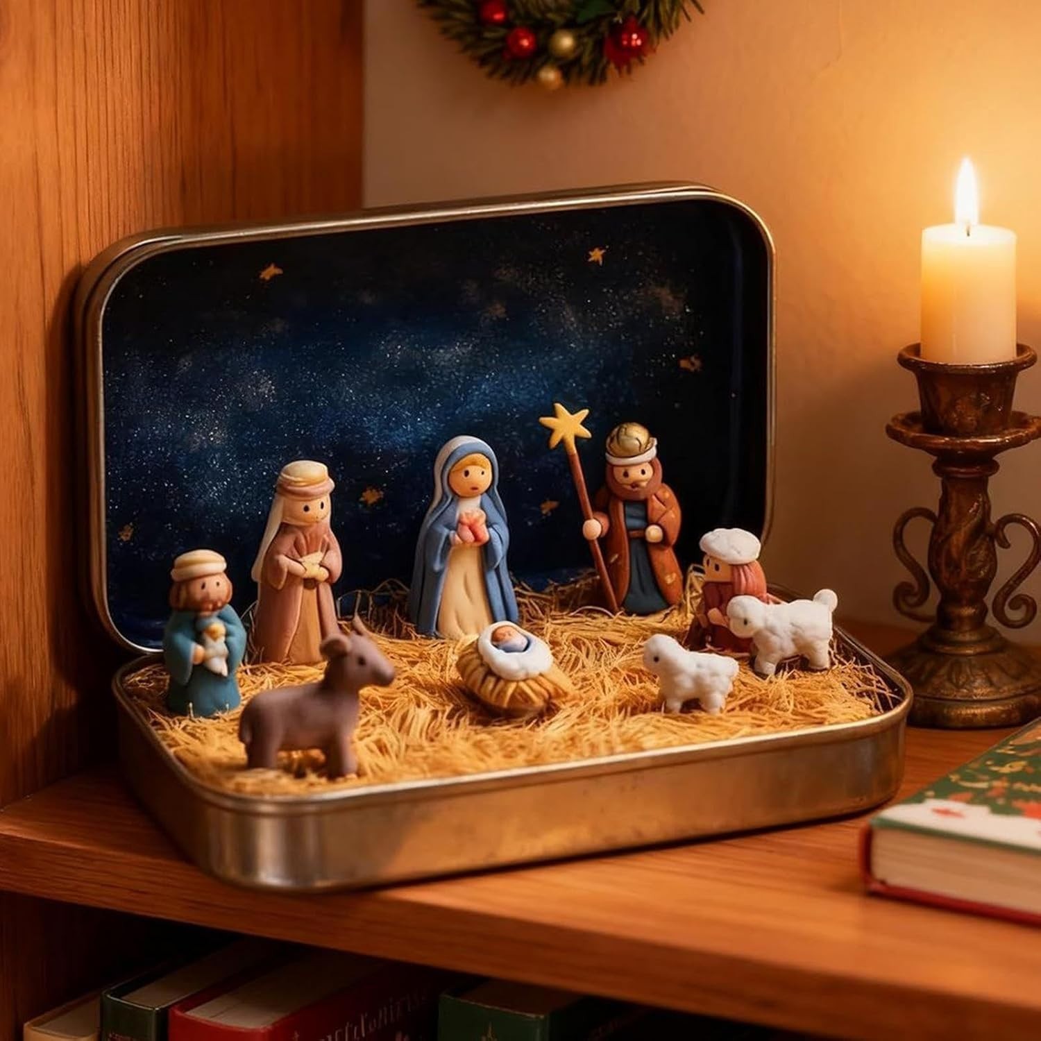 Pocket Nativity Set in Tin Box, Handcrafted Resin Holy Family Figurines