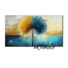 Quadro Moderno Albero della Vita BLU E OCRA Dipinto a Mano per arredo casa