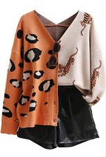 NEW Leopard Tiger Print Cardigan Long Sleeve Sweater 2X