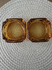 Vintage Amber Glass Square Ashtray 3 3/4” Set of Two Mad Men Barware 60s MCM