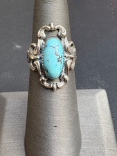 NATIVE AMERICAN 925 STERLING SILVER AND TURQUOISE RING, ORNATE SETTING, SIZE 5