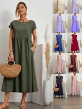 Womens Summer Pockets Tops Casual Baggy Linen Cotton Maxi Kaftan Dress Oversized