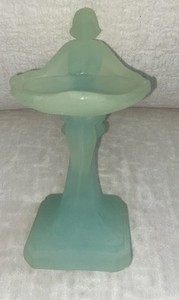 VTG Art Deco Nude Female Pedestal Soap Dish/Trinket Tray Frosted Green Glass 9”
