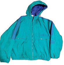 VINTAGE ADIDAS CLASSIC BIG TREFOIL LOGO HOODED JACKET-BLUE AND TEAL-Size L