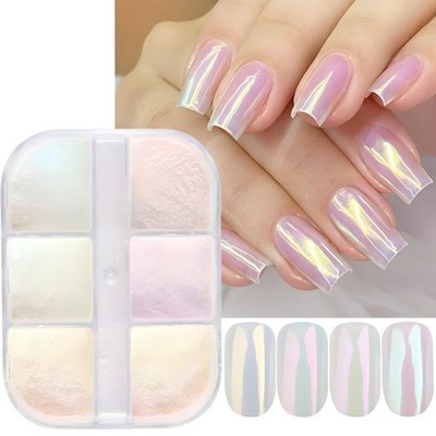 6 Colors Chrome Nail Powder Metallic Mirror Effect Aurora Magic White Pearl C...