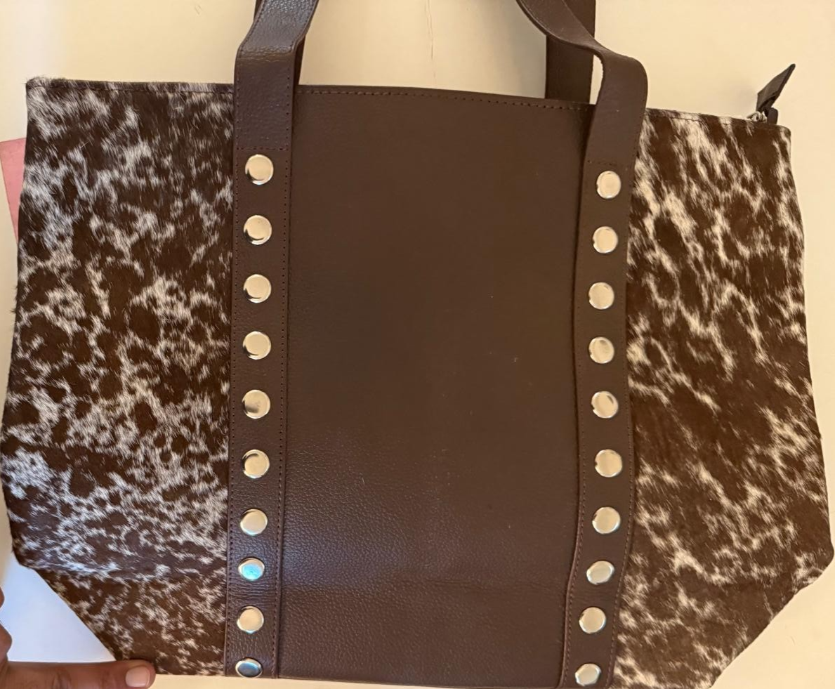 Cowhide Leather Tote Bag – Hair-On Hide Western Shoulder Bag with Stud Accents