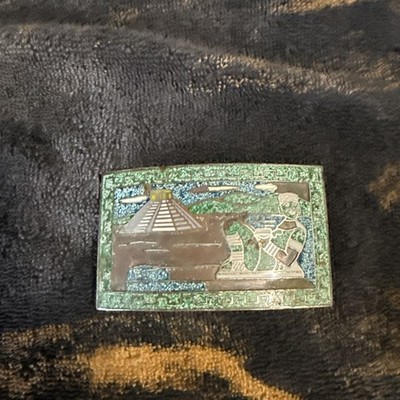 Vintage Taxco Crushed Turquoise Inlay Stone Belt Buckle Mayan Pyramid  MEXICO