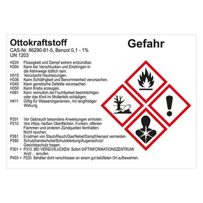 GHS Aufkleber Gefahrstoffetikett Ottokraftstoff UN 1203 74x52 mm 100 Stück/Rolle