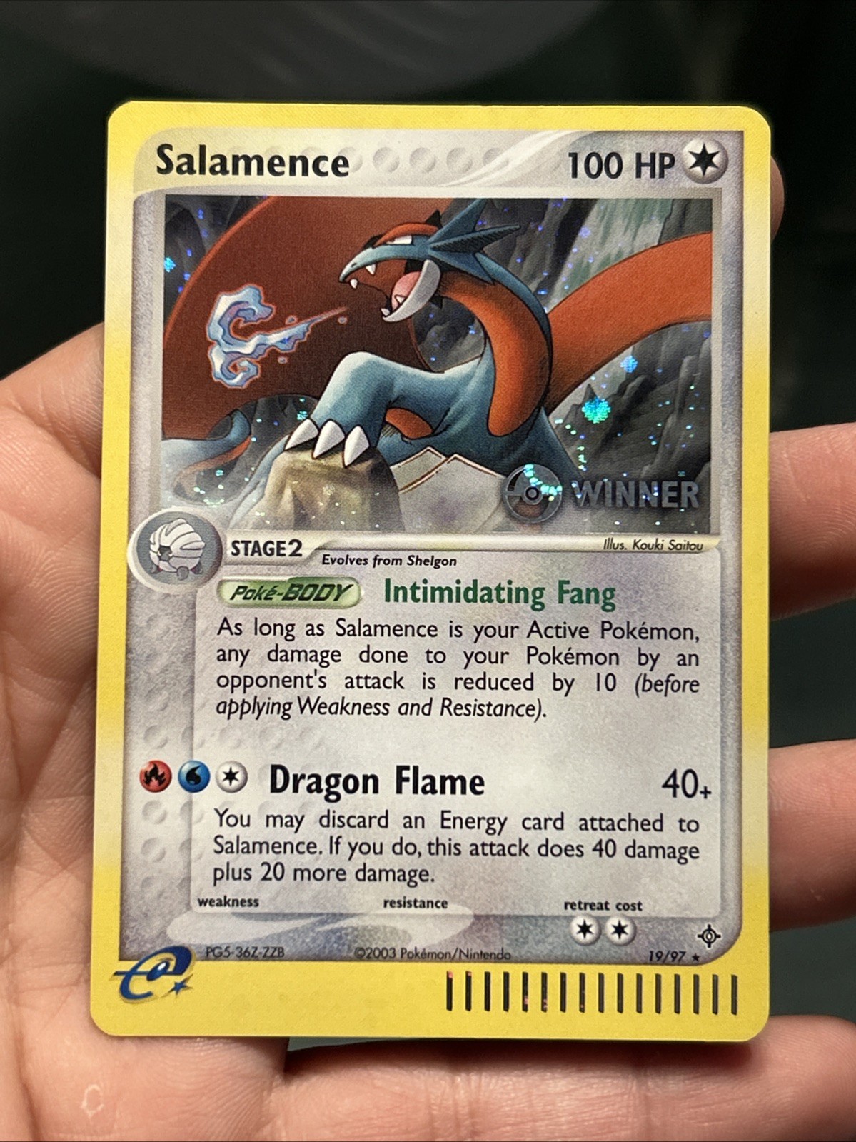 Pokemon TCG Salamence 19/97 Winner Stamp Holo NM E‑League Promo 2003- NM/ Swirl!