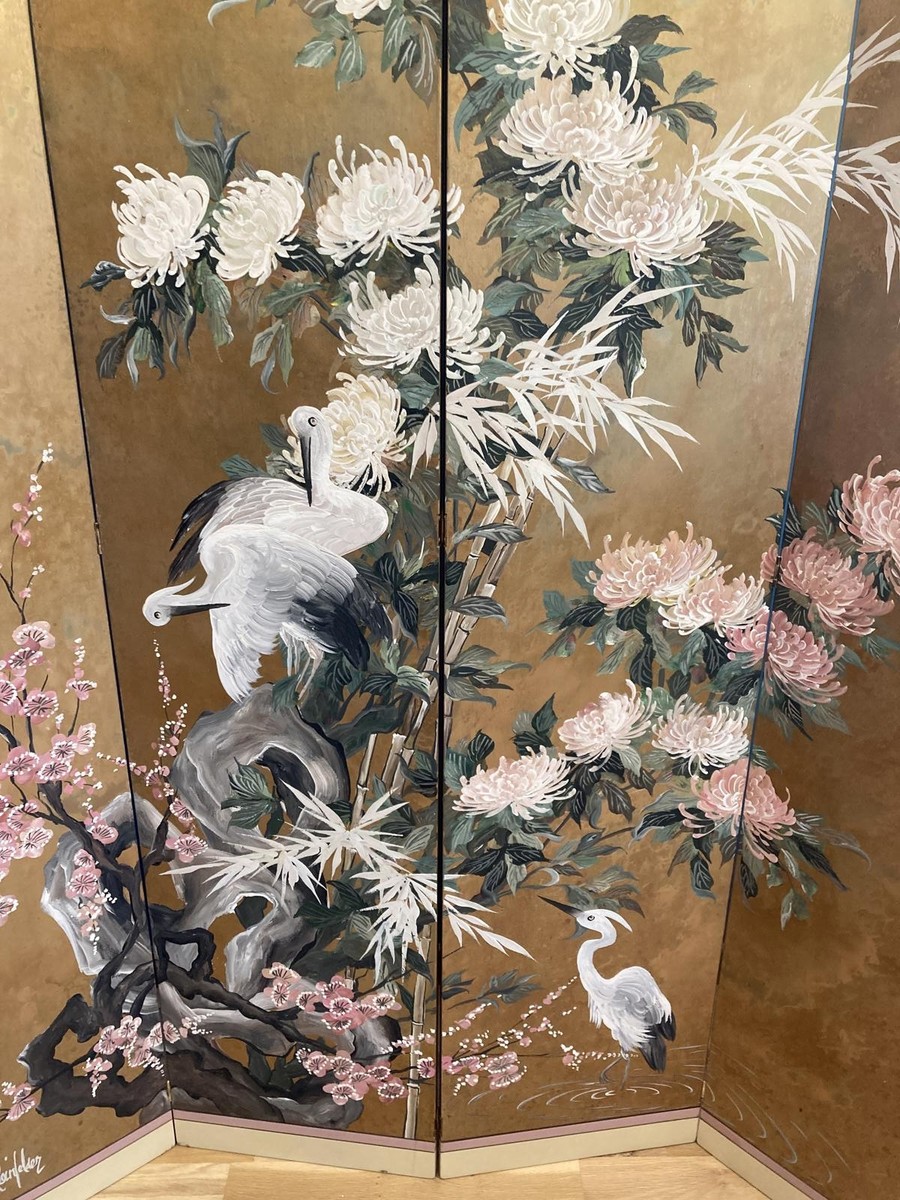 Midcentury Lucien Leinfelder Hand Painted Wood Four-Panel Asian