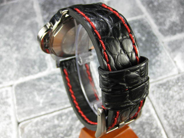 24mm GATOR Grain LEATHER STRAP Black Watch Band Red Stitch