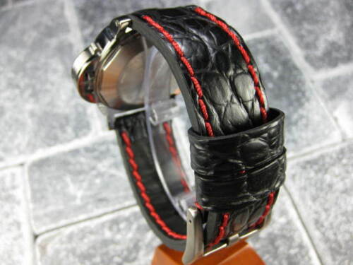 24mm PAM GATOR Grain LEATHER STRAP Black Watch Band Red Stitch 24 T - Afbeelding 1 van 6