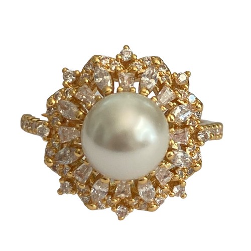 Art Deco Cubic Zirconia Pearl Cocktail Ring 14 kt Yellow Gold Plated Size 9 Faux - Picture 2 of 16