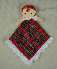 Little Me Red Plaid Baby Doll Lovey Security Blanket White Eyelet Lace Rattle
