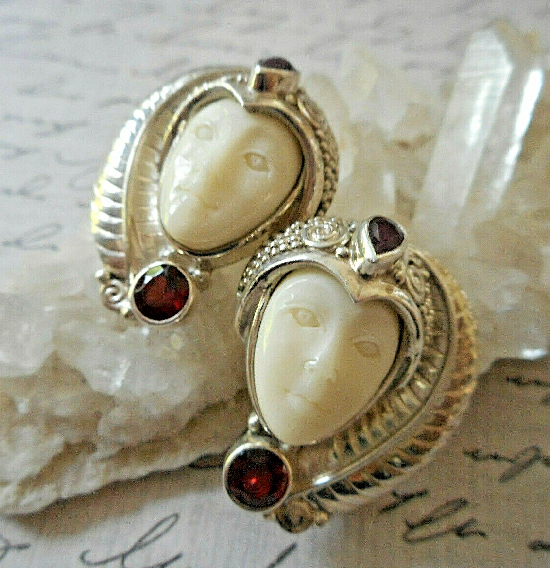 Retired Sajen 925 Sterling Silver Garnet Goddess Face Earrings