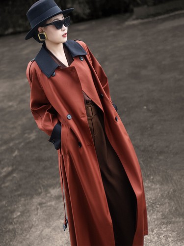 Retro Womens Double Breasted Mid Long Trench Coat Overcoat Loose Fit Color Block - Picture 3 of 26
