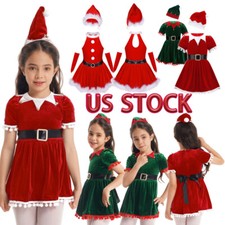 Girls Christmas Elf Mrs Santa Claus Cosplay Costumes with Hat Fancy Dress up