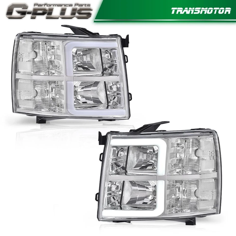 Fit For 2007-2013 Chevy Silverado 1500 Chrome/Clear LED DRL Tube Headlights - Image 2 of 4