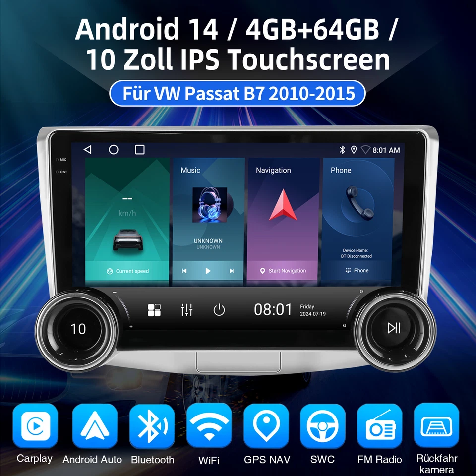 10.1" Android 14 Carplay Autoradio Für VW Passat B7 CC 10-2015 GPS Cam 4+64G - Bild 2 von 4