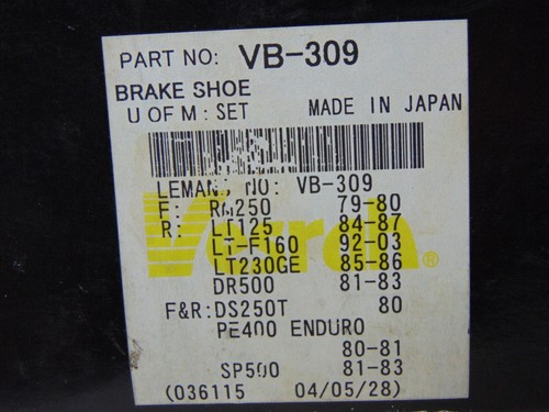 NEW VESRAH ORGANIC BRAKE SHOES VB-309 MADE IN JAPAN - Picture 7 of 7