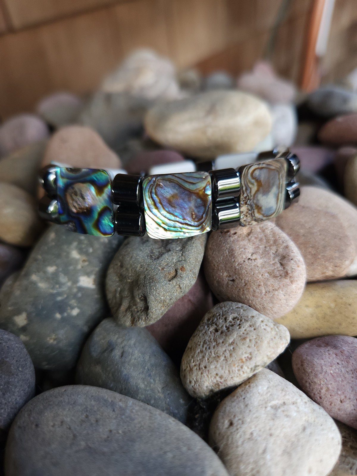 Vintage Large Rectangular Abalone & Hematite Ball… - image 3