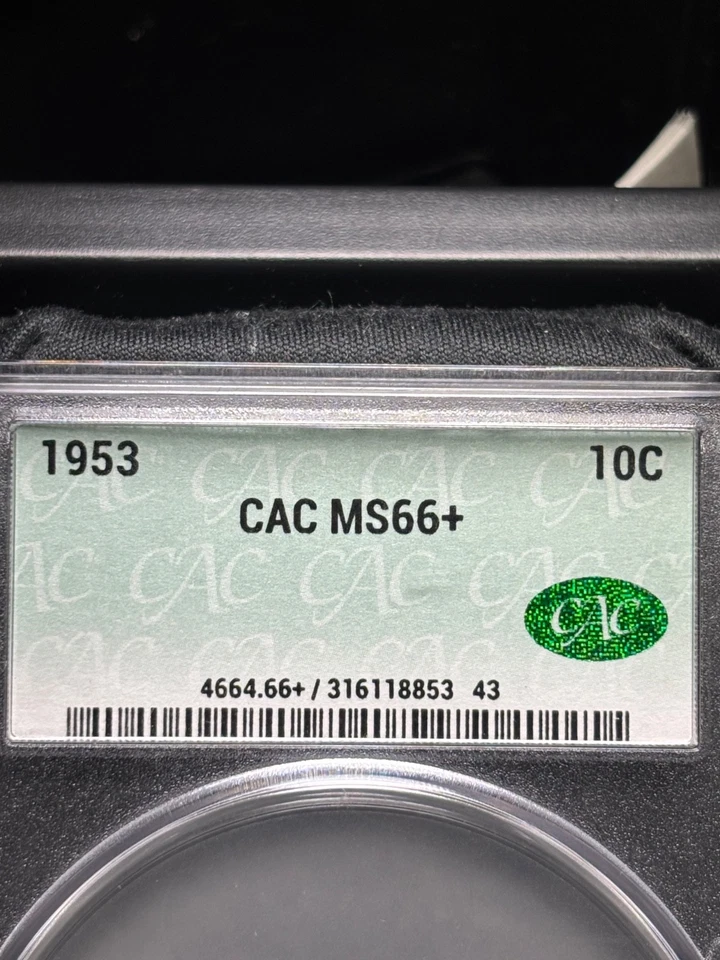 1953 年罗斯福 Dime CACG 评级 MS66+ – 流行 1 – 90% 银 – 独特彩虹金 Patina — 第 3/3 张图片