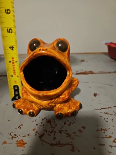 Vintage 1970's Orange Ceramic Big Mouth Frog Sponge Holder - Picture 5 of 11