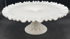 Vintage Fenton Milk Glass Ruffled Thumbprint Cake Stand Cupcake Stand 12.5"